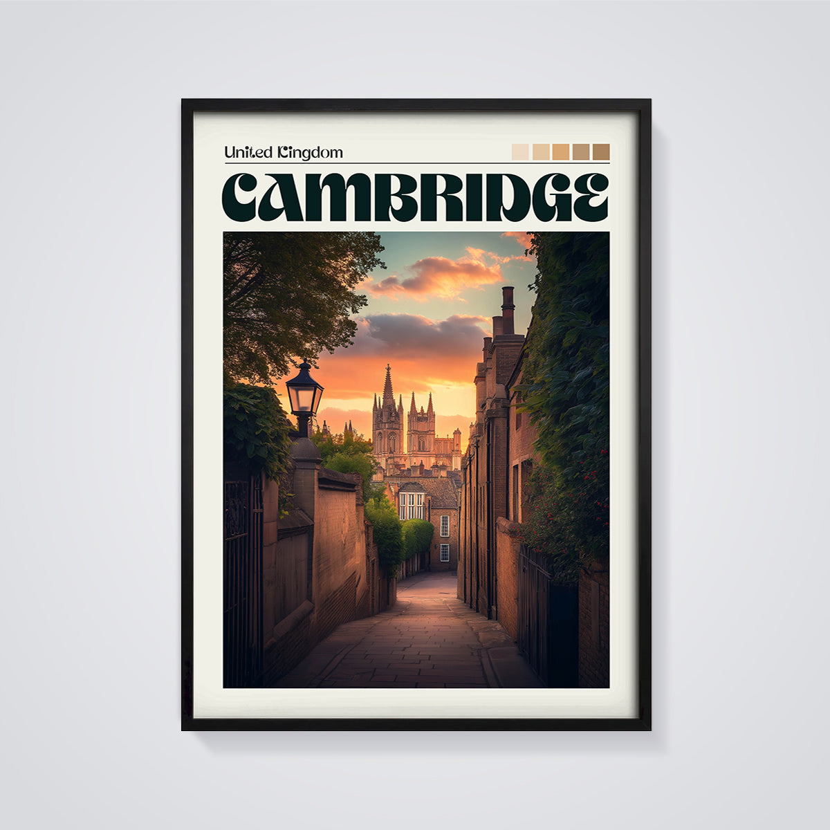 Cambridge Alleyway Sunset Print framed in black on a grey background
