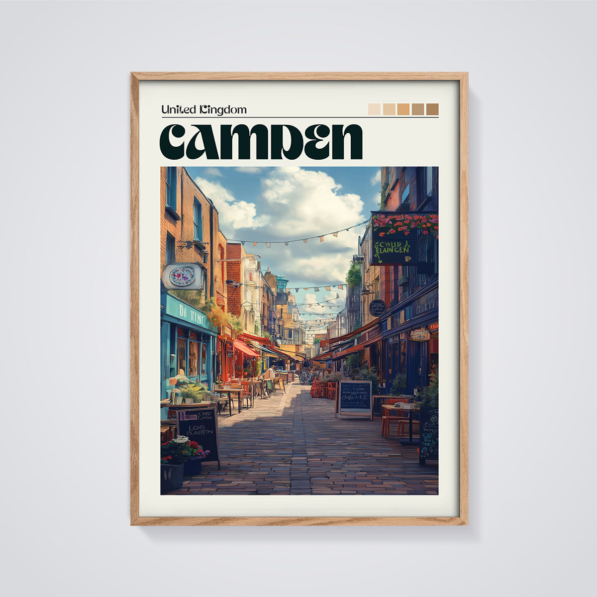 Camden Street Scene Print framed in oak on a grey background