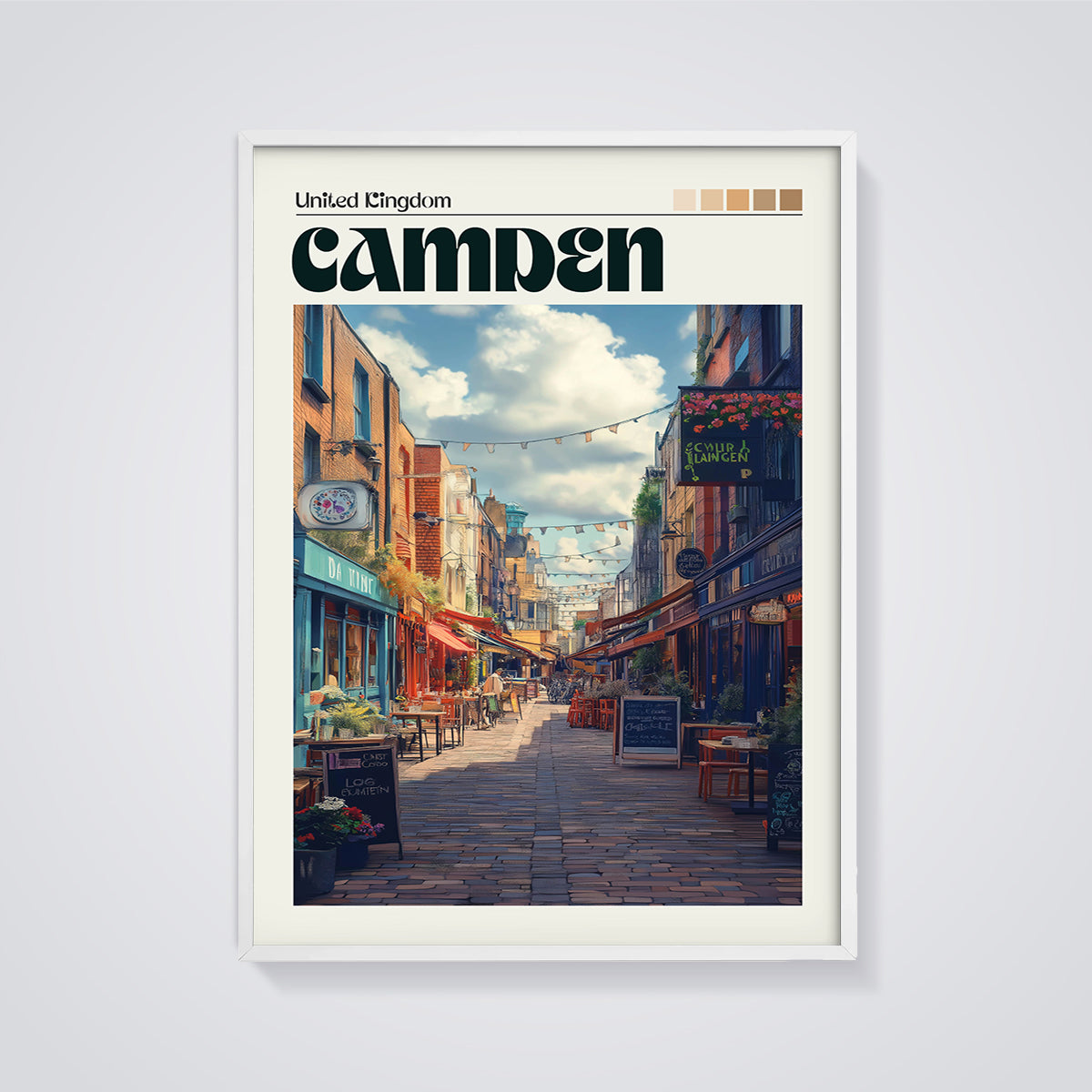 Camden Street Scene Print framed in white on a grey background