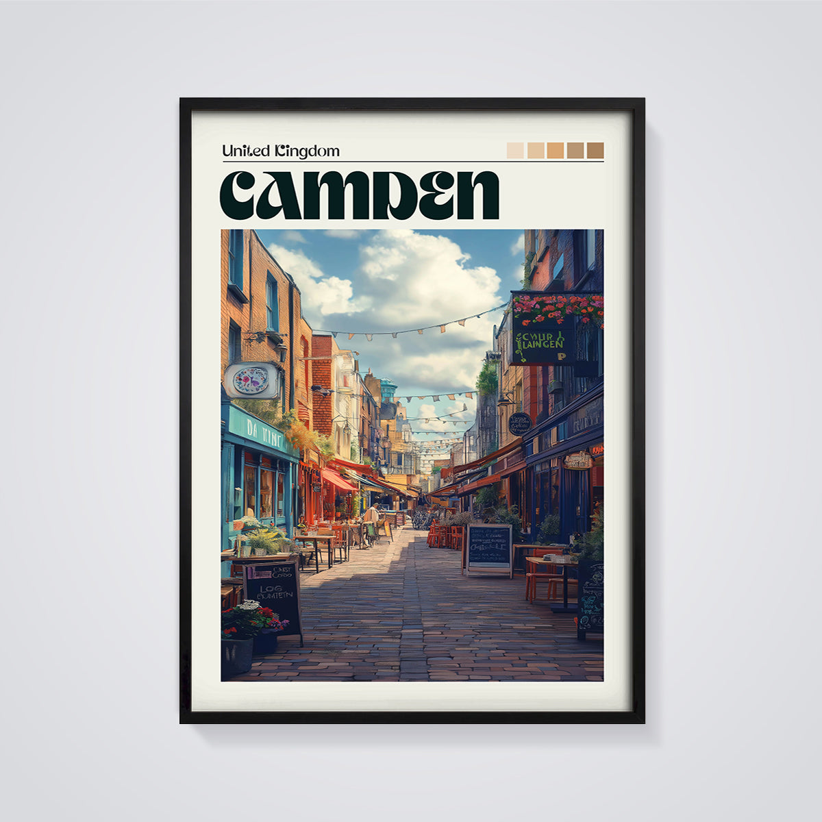 Camden Street Scene Print framed in black on a grey background