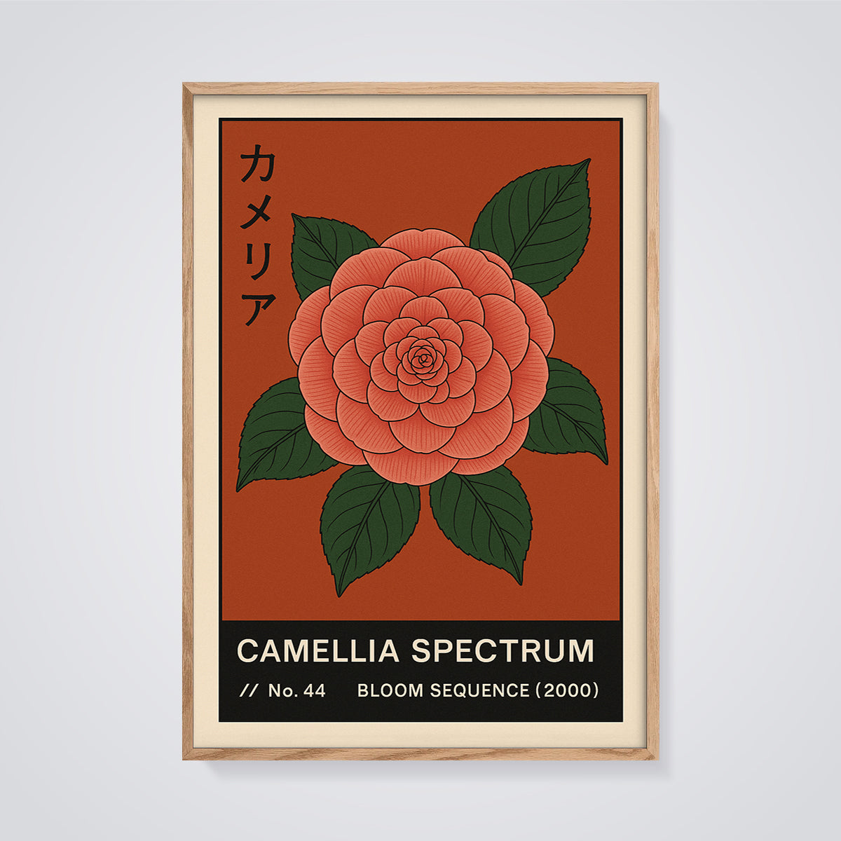 Camellia Spectrum Print framed in oak on a grey background