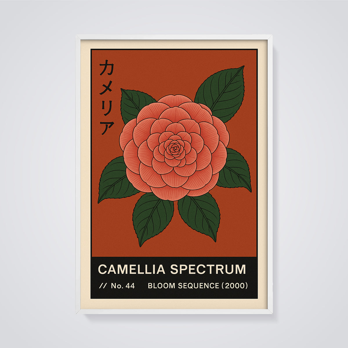 Camellia Spectrum Print framed in white on a grey background