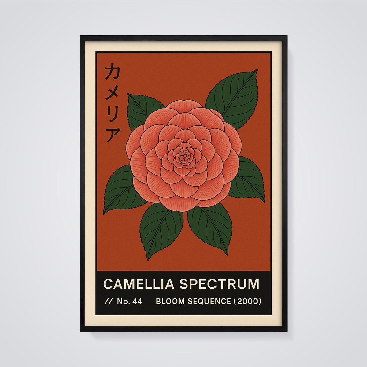 Camellia Spectrum Print framed in black on a grey background