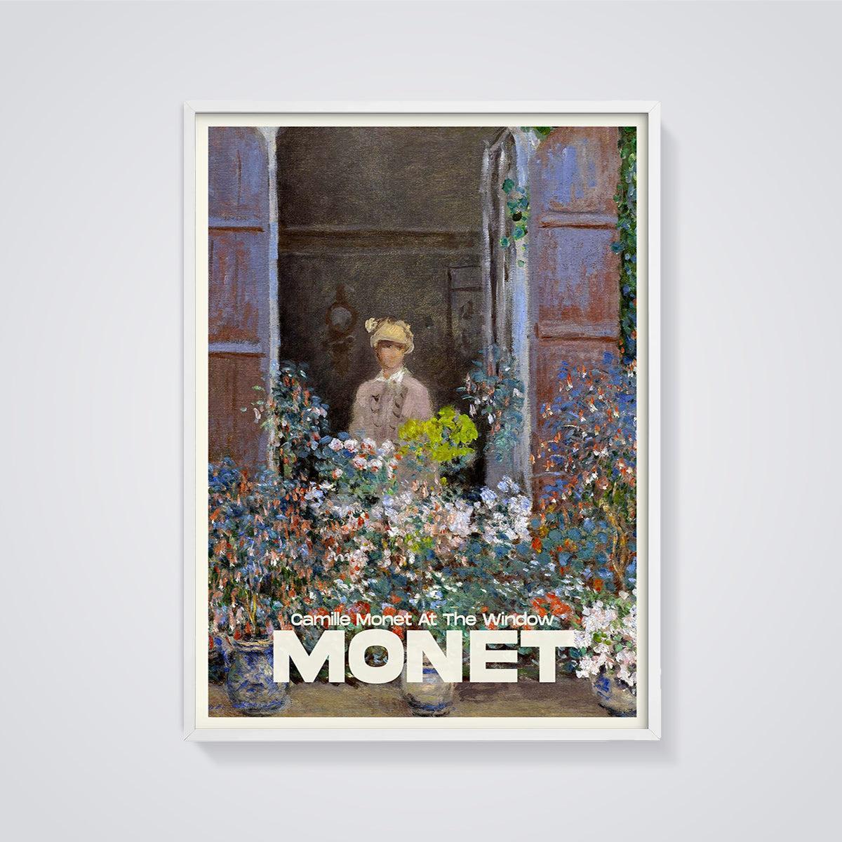 Camille Monet At The Window Print framed in white on a grey background