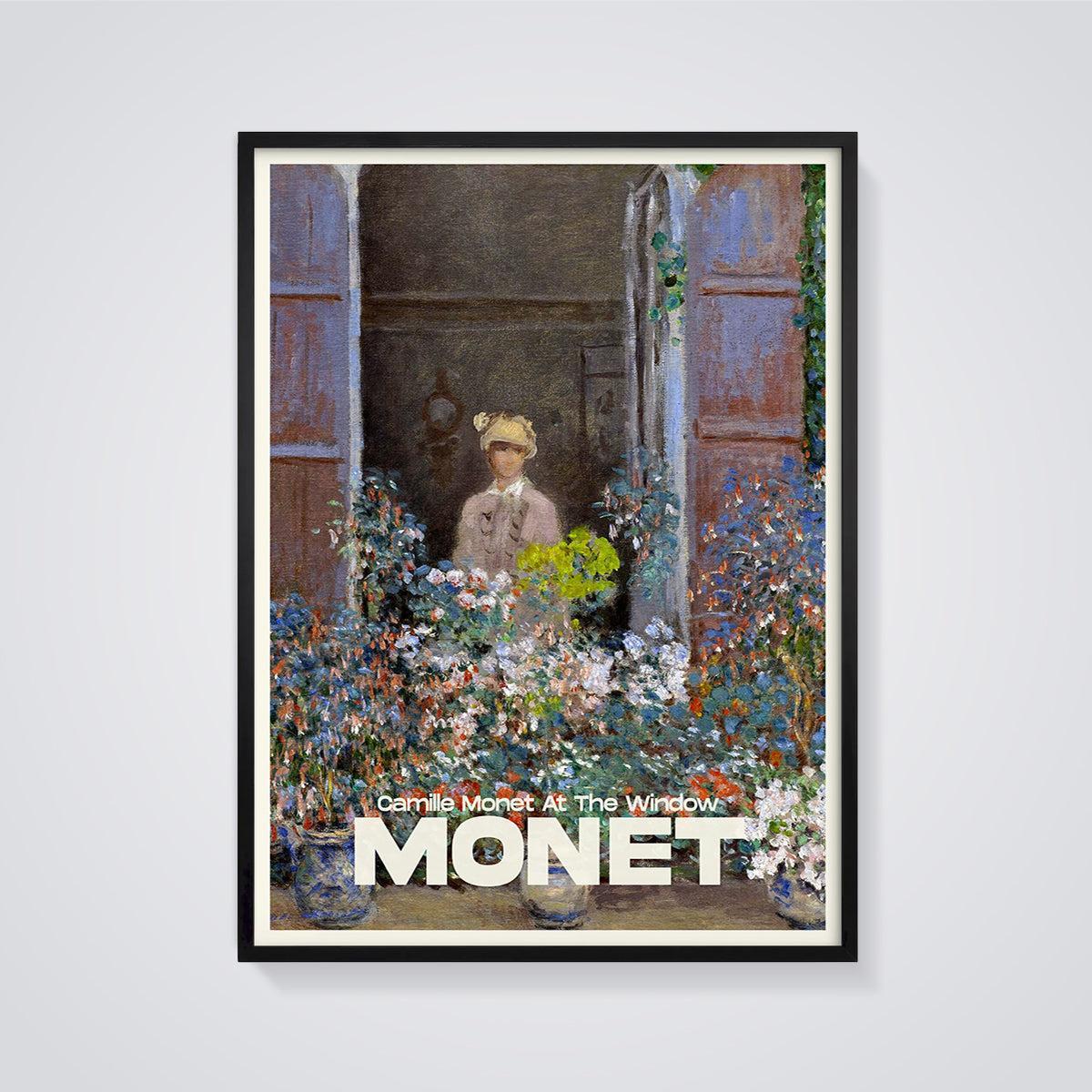 Camille Monet At The Window Print framed in black on a grey background