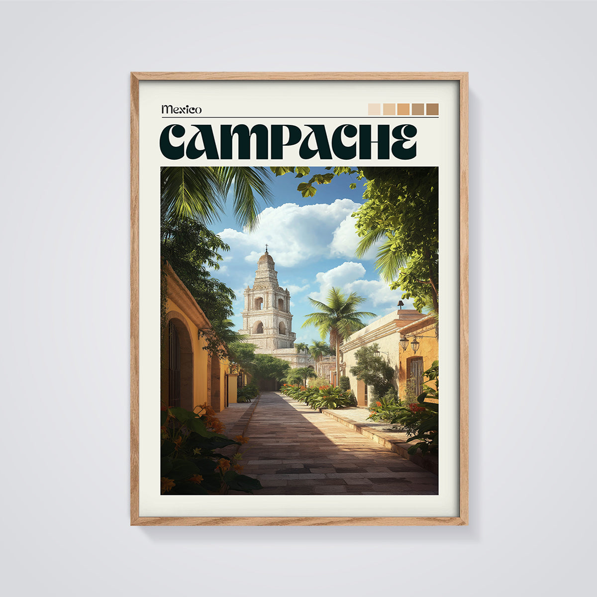 Campeche Cathedral Street Print framed in oak on a grey background
