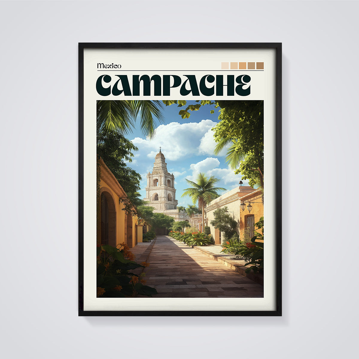 Campeche Cathedral Street Print framed in black on a grey background