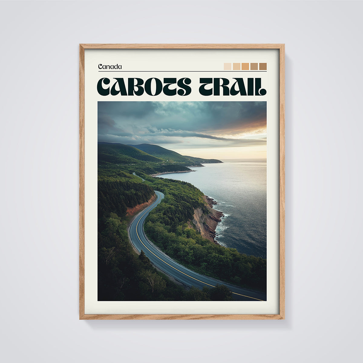 Canada Cabot Trail Coastal Road Print framed in oak on a grey background