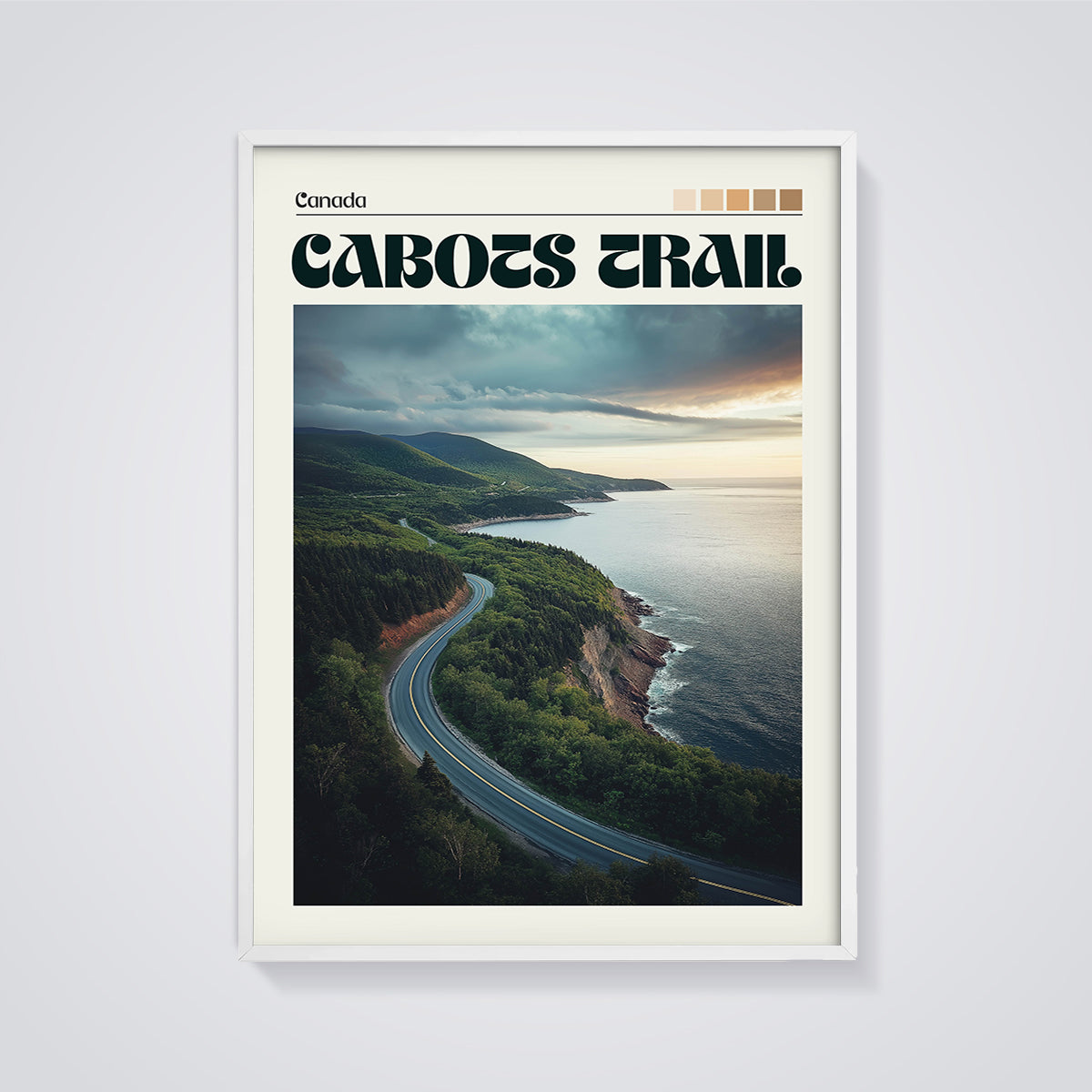 Canada Cabot Trail Coastal Road Print framed in white on a grey background