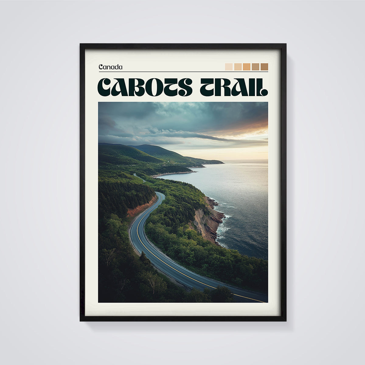 Canada Cabot Trail Coastal Road Print framed in black on a grey background