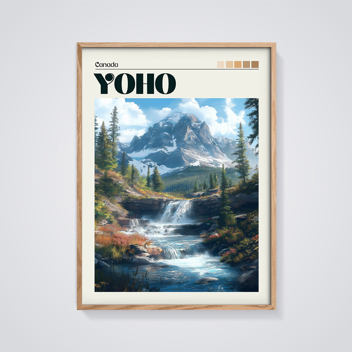 Canada Yoho Waterfall Mountain Print framed in oak on a grey background