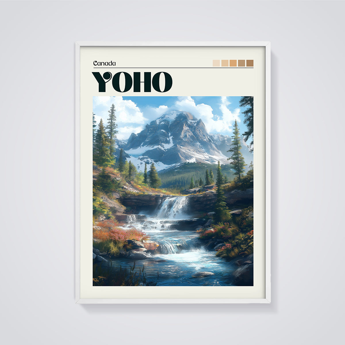 Canada Yoho Waterfall Mountain Print framed in white on a grey background