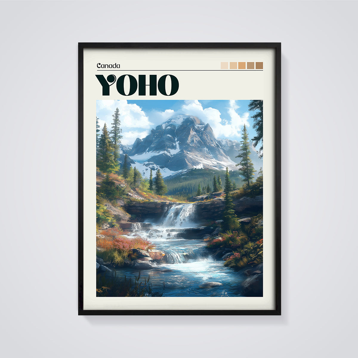 Canada Yoho Waterfall Mountain Print framed in black on a grey background