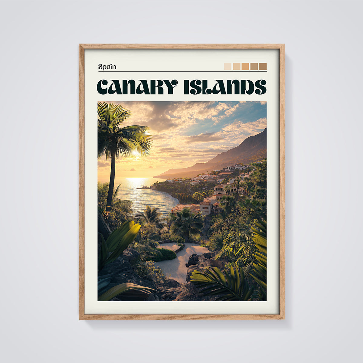 Canary Islands Spain Sunset Print framed in oak on a grey background