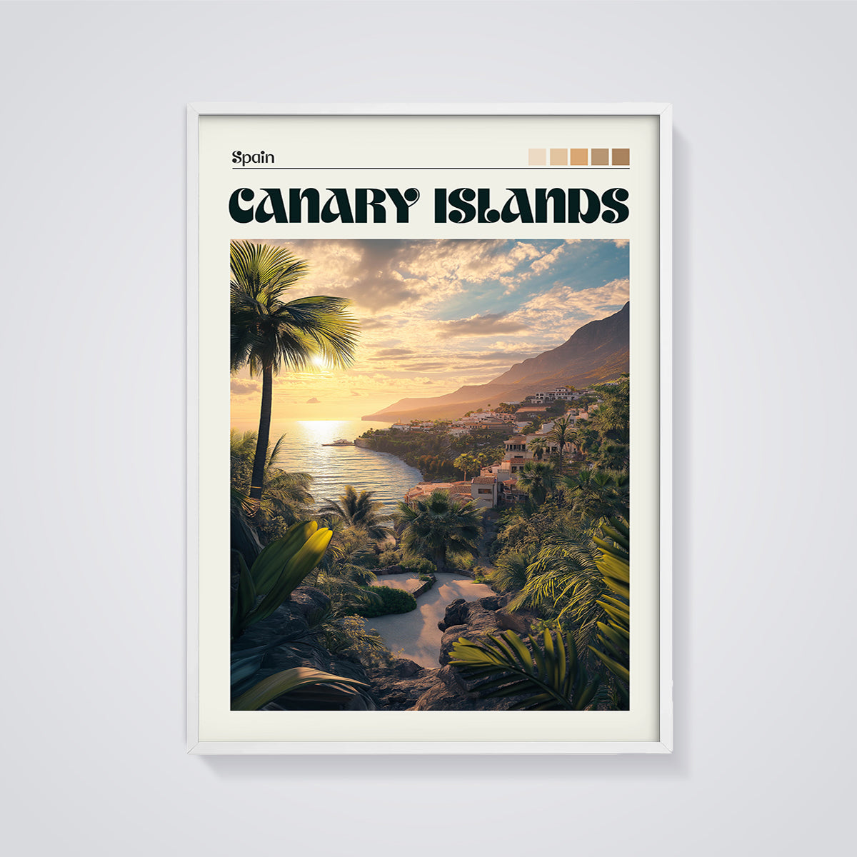 Canary Islands Spain Sunset Print framed in white on a grey background