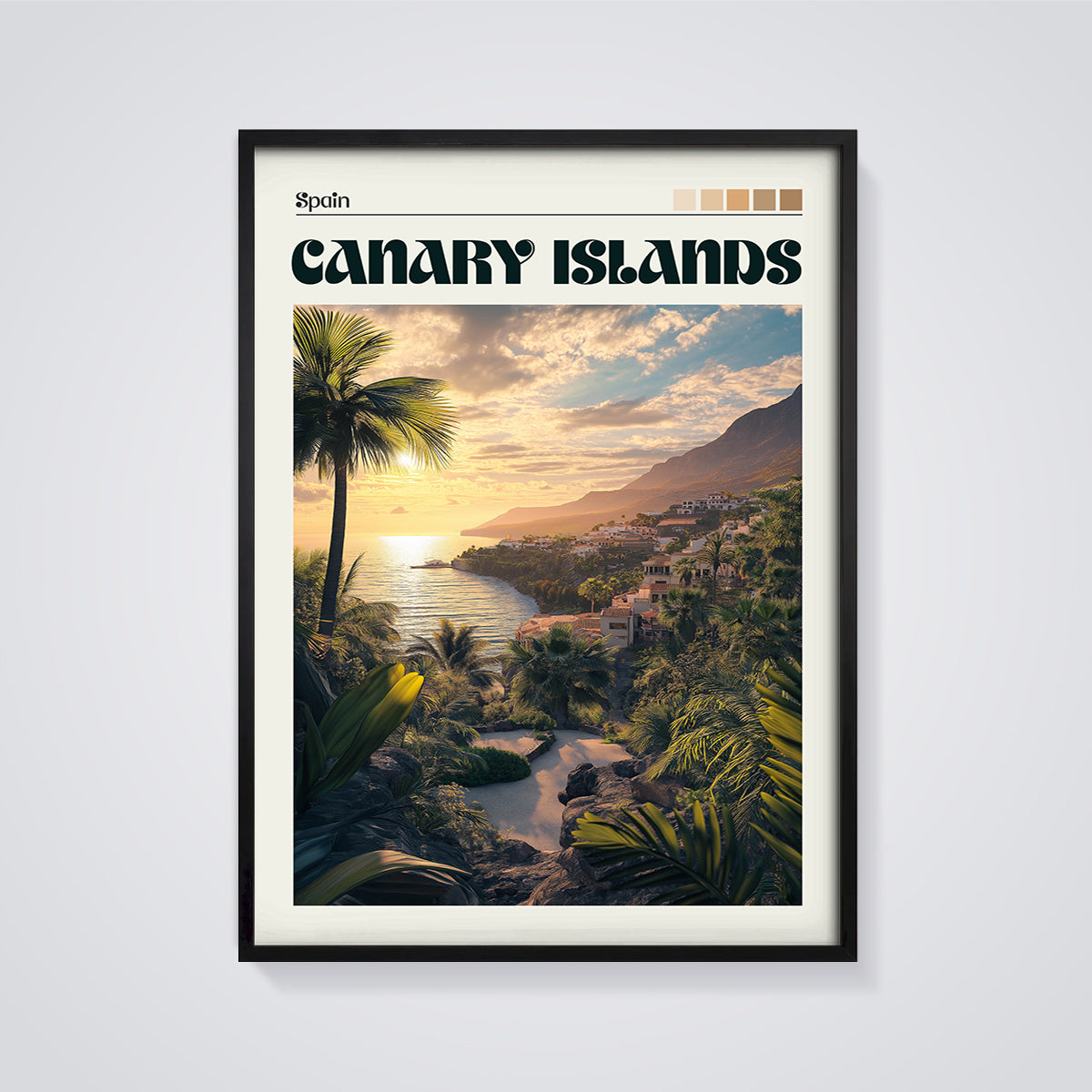 Canary Islands Spain Sunset Print framed in black on a grey background