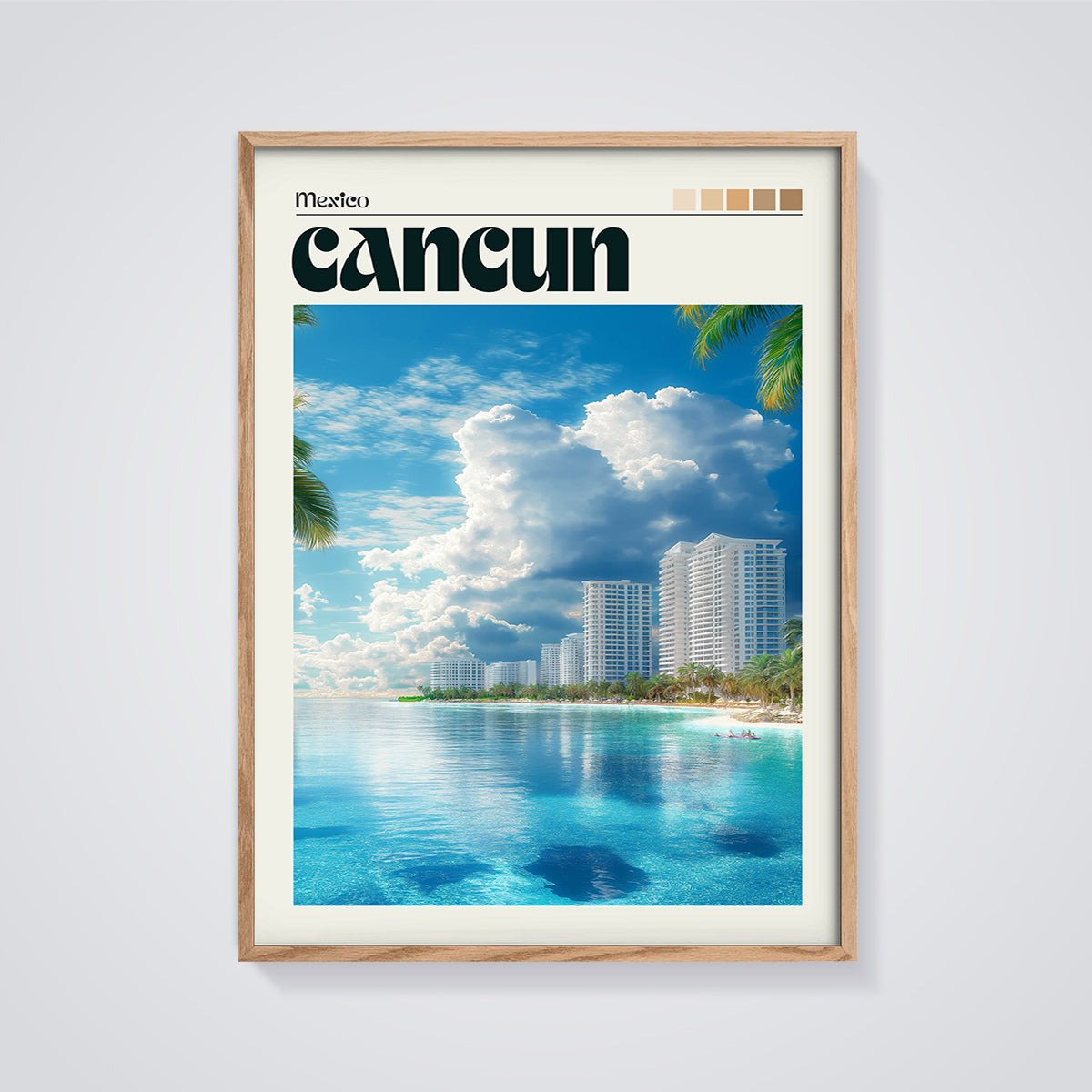 Cancun Mexico Tropical Beach Print framed in oak on a grey background