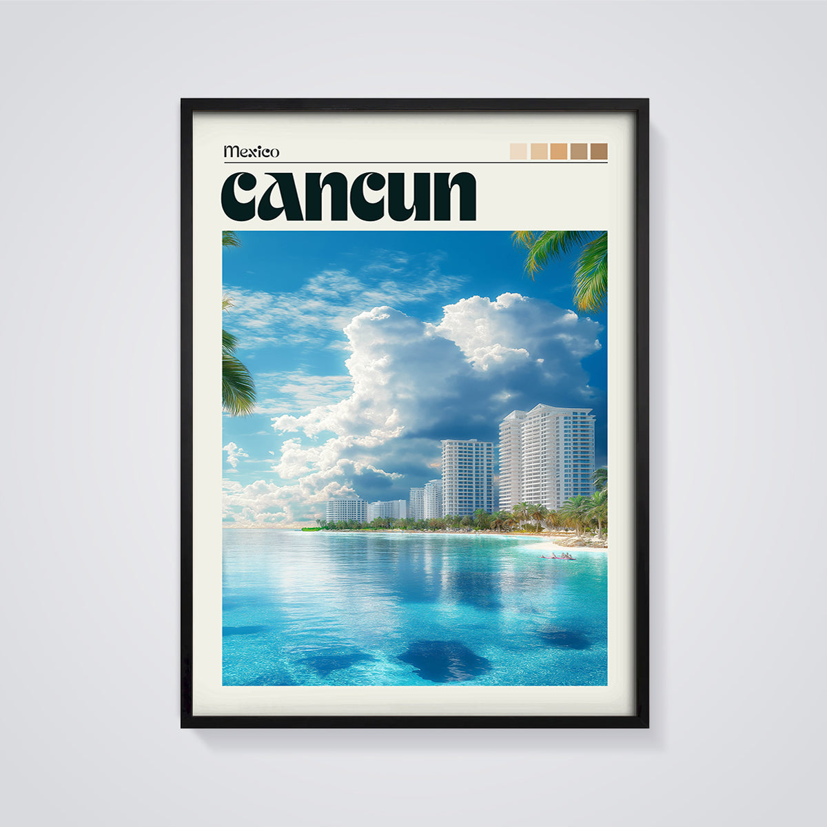 Cancun Mexico Tropical Beach Print framed in black on a grey background