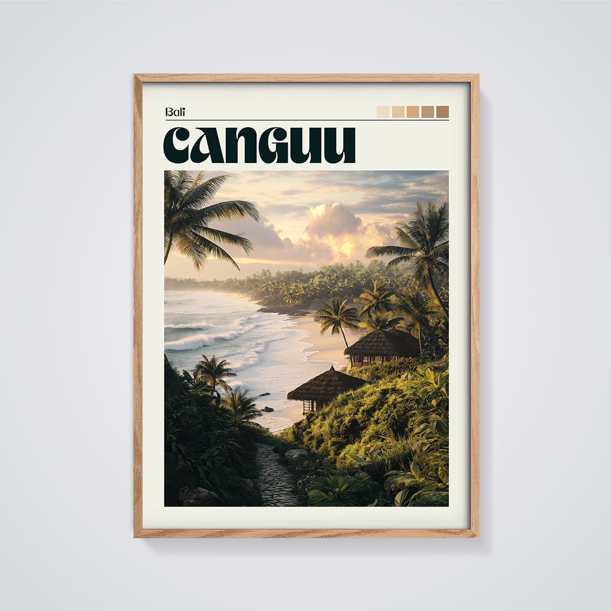 Cangguu Bali Beach Sunset Print framed in oak on a grey background
