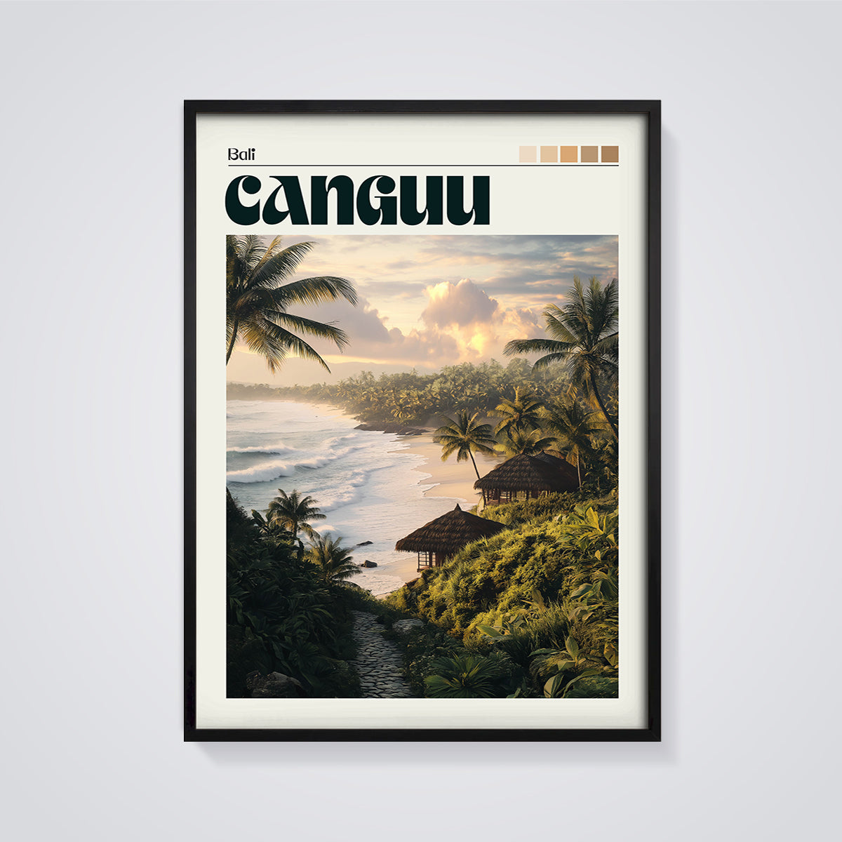 Cangguu Bali Beach Sunset Print framed in black on a grey background