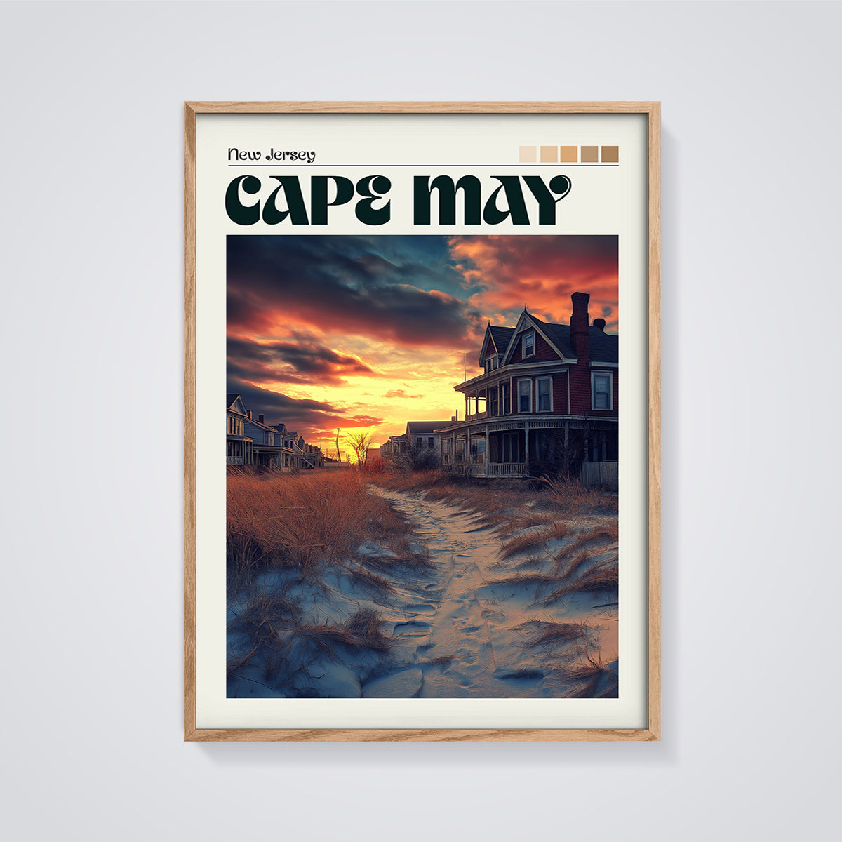 Cape May Sunset Beach Path Print framed in oak on a grey background