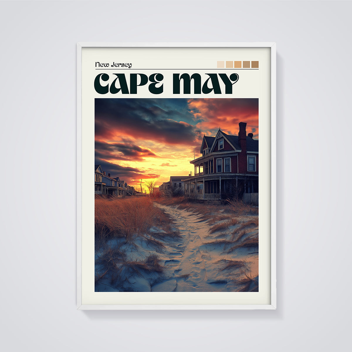 Cape May Sunset Beach Path Print framed in white on a grey background
