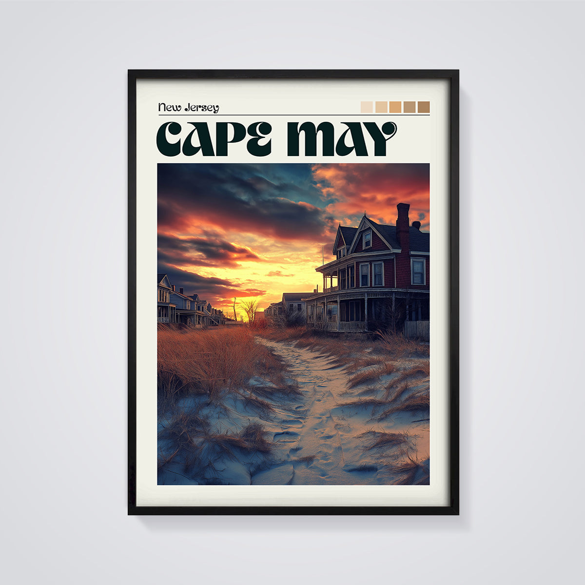 Cape May Sunset Beach Path Print framed in black on a grey background