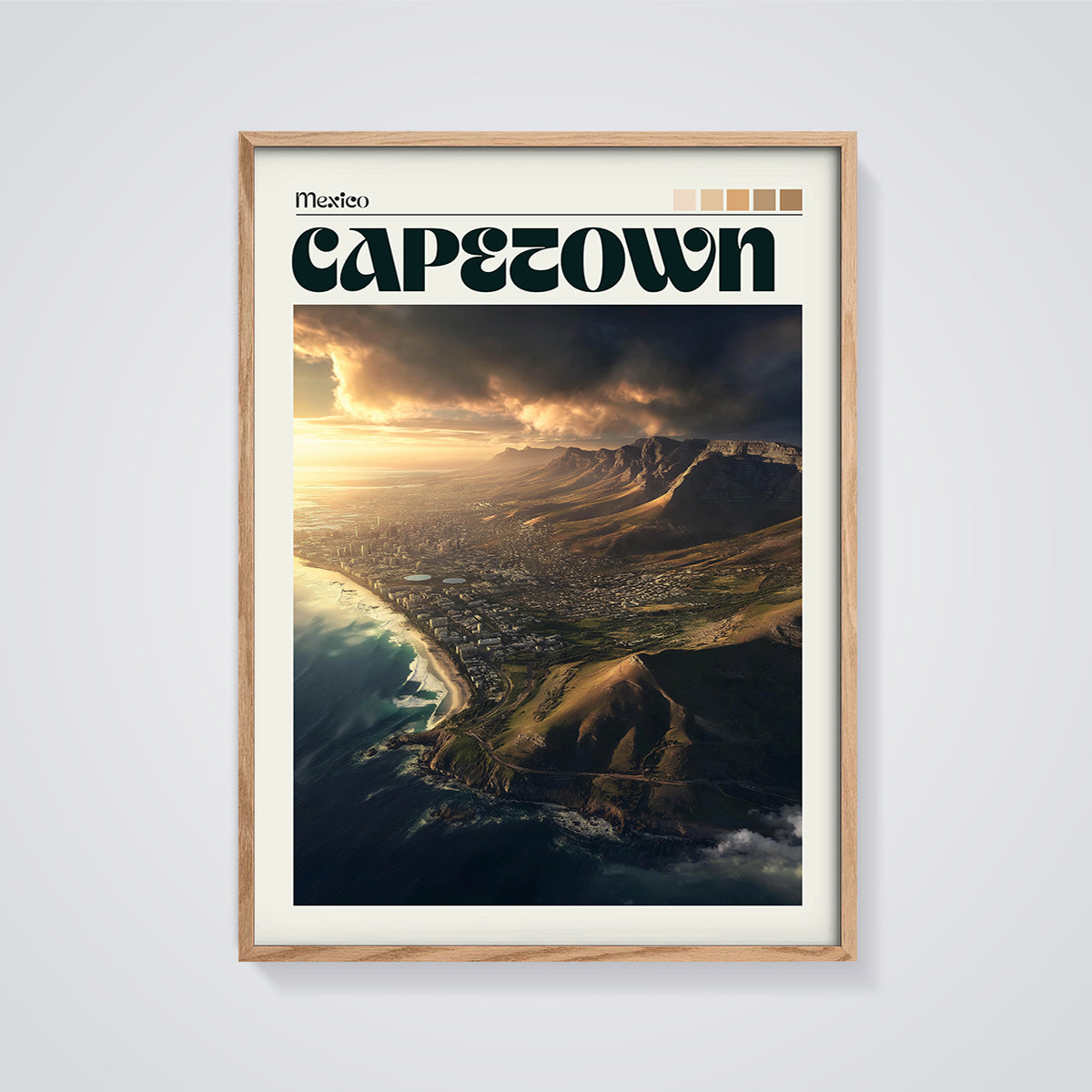 Capetown Coastal City Print framed in oak on a grey background