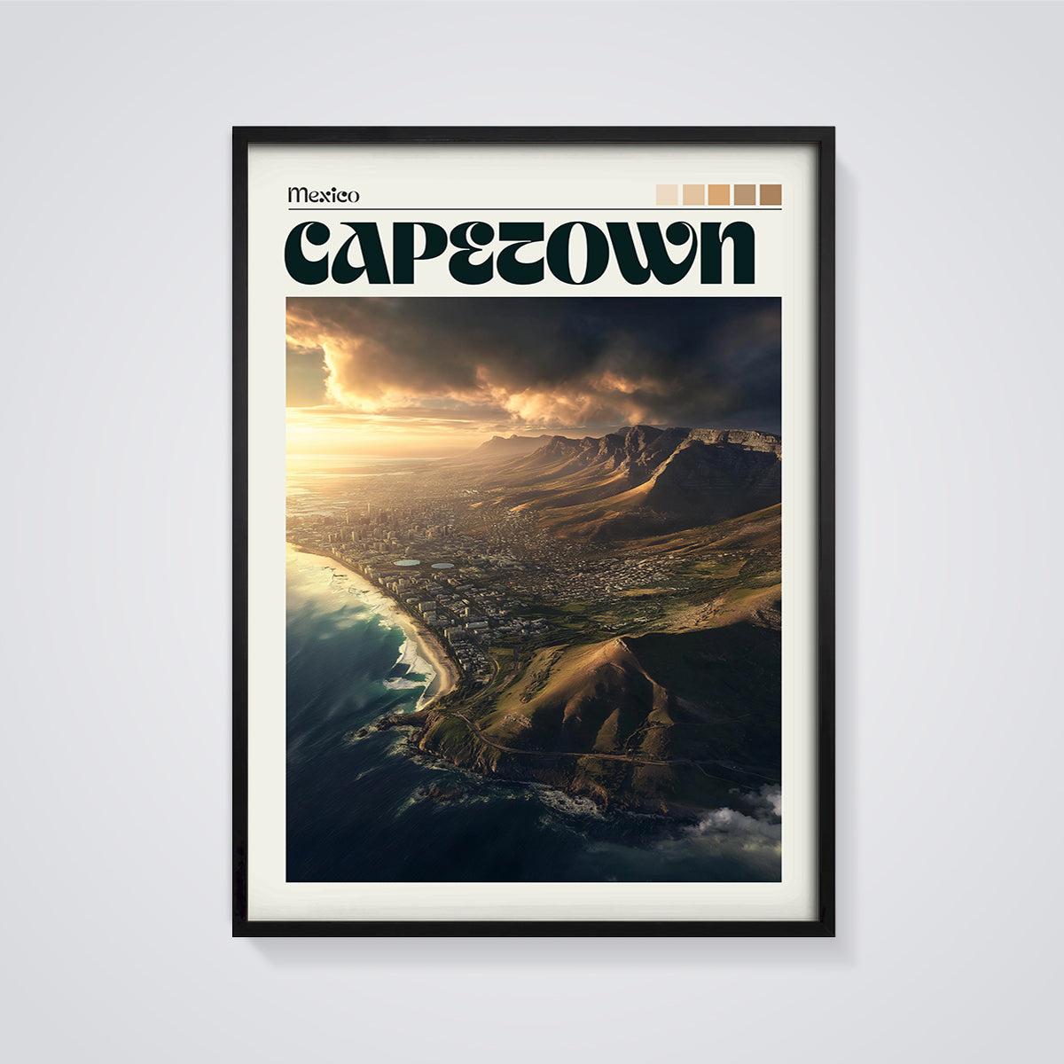Capetown Coastal City Print framed in black on a grey background