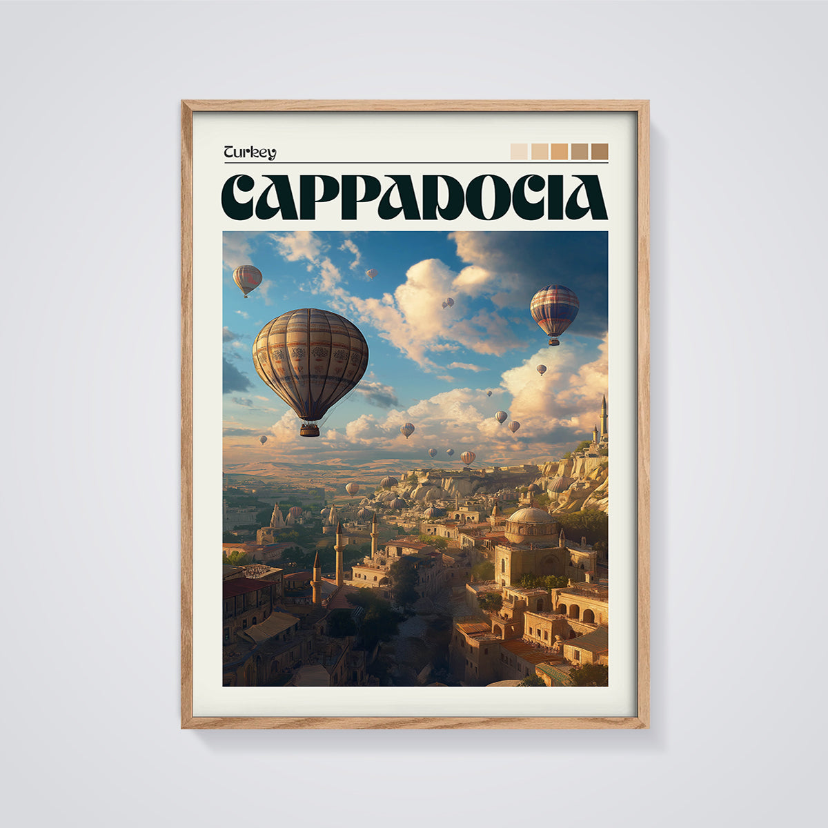 Cappadocia Hot Air Balloons Print framed in oak on a grey background