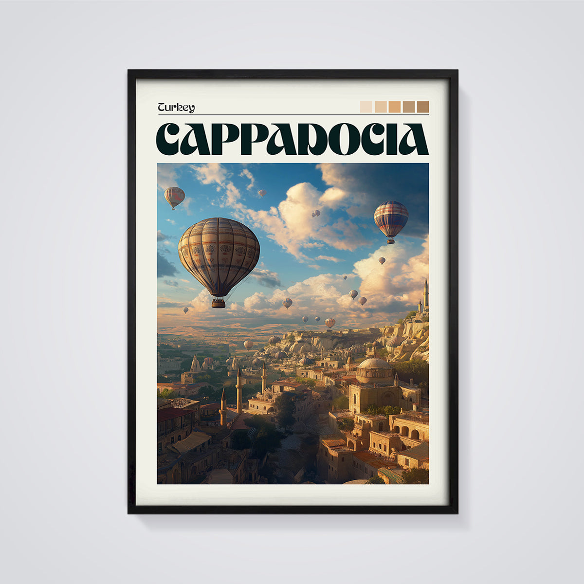 Cappadocia Hot Air Balloons Print framed in black on a grey background