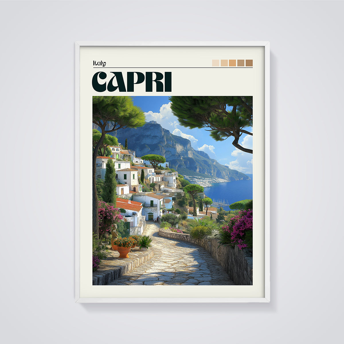 Capri Coastal Village Print framed in white on a grey background