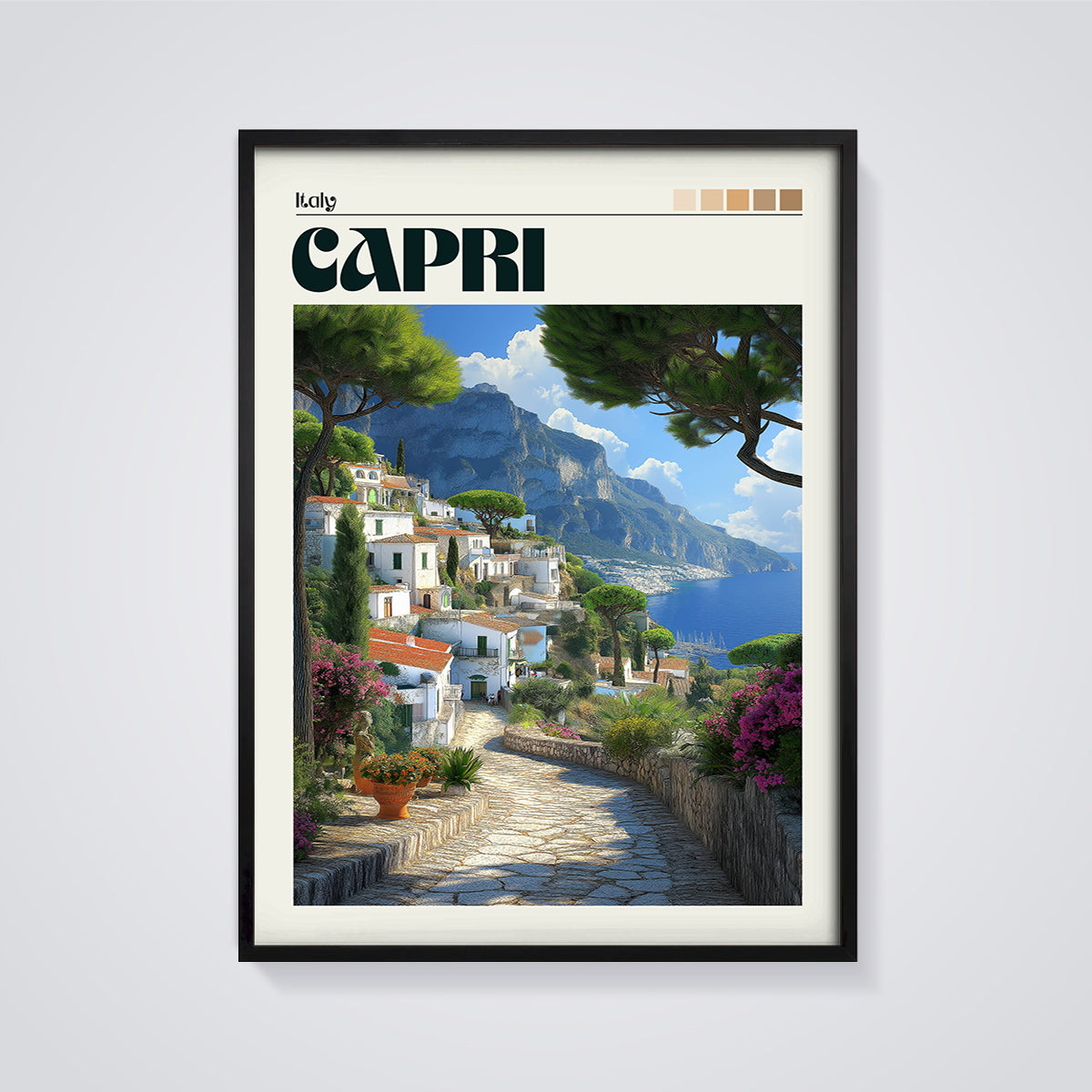 Capri Coastal Village Print framed in black on a grey background
