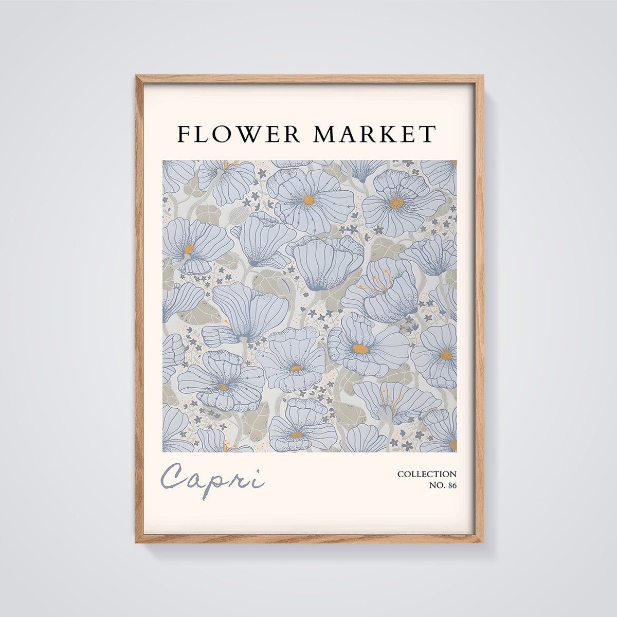 Capri Flower Market Floral Print framed in oak on a grey background