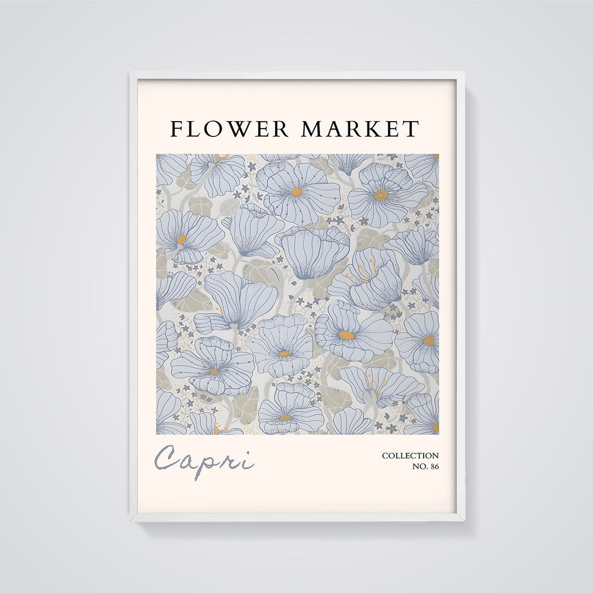 Capri Flower Market Floral Print framed in white on a grey background