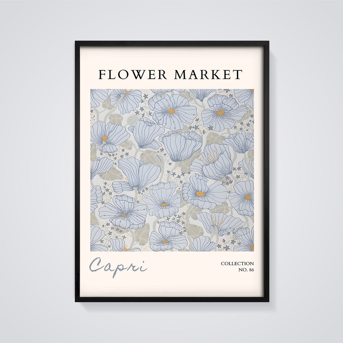 Capri Flower Market Floral Print framed in black on a grey background
