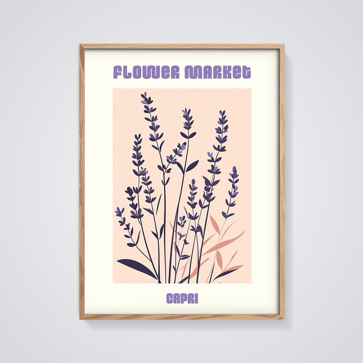 Capri Lavender Flower Market Print framed in oak on a grey background