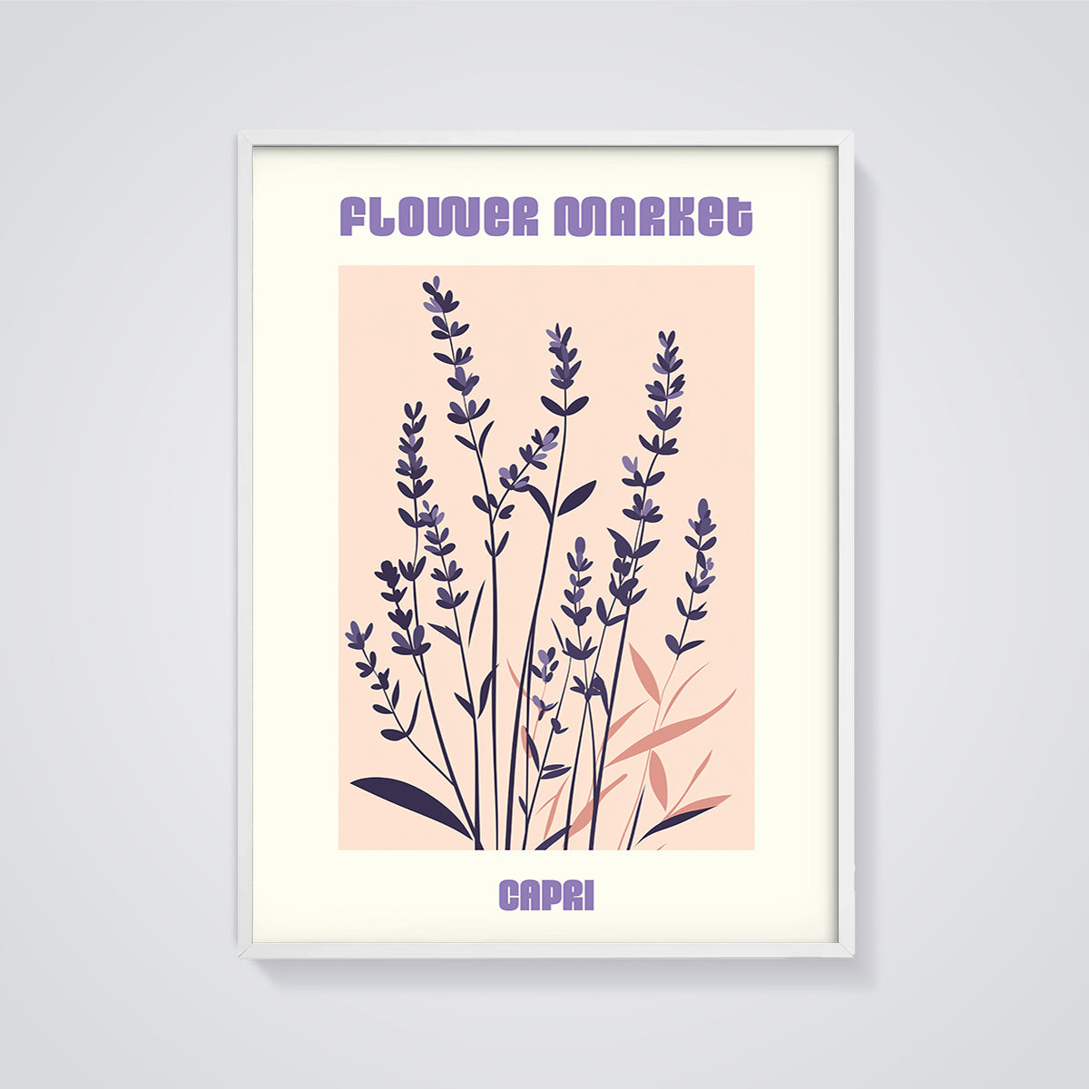 Capri Lavender Flower Market Print framed in white on a grey background
