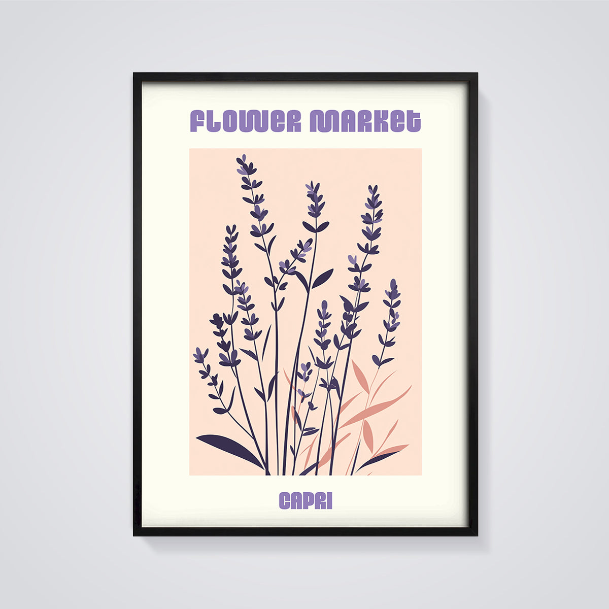 Capri Lavender Flower Market Print framed in black on a grey background
