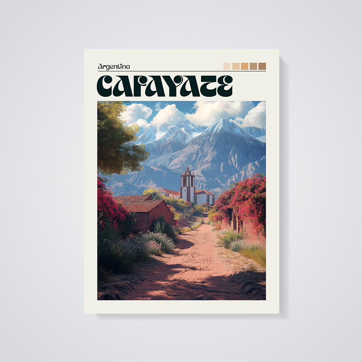 Carayate Mountain Village Print unframed on a grey background