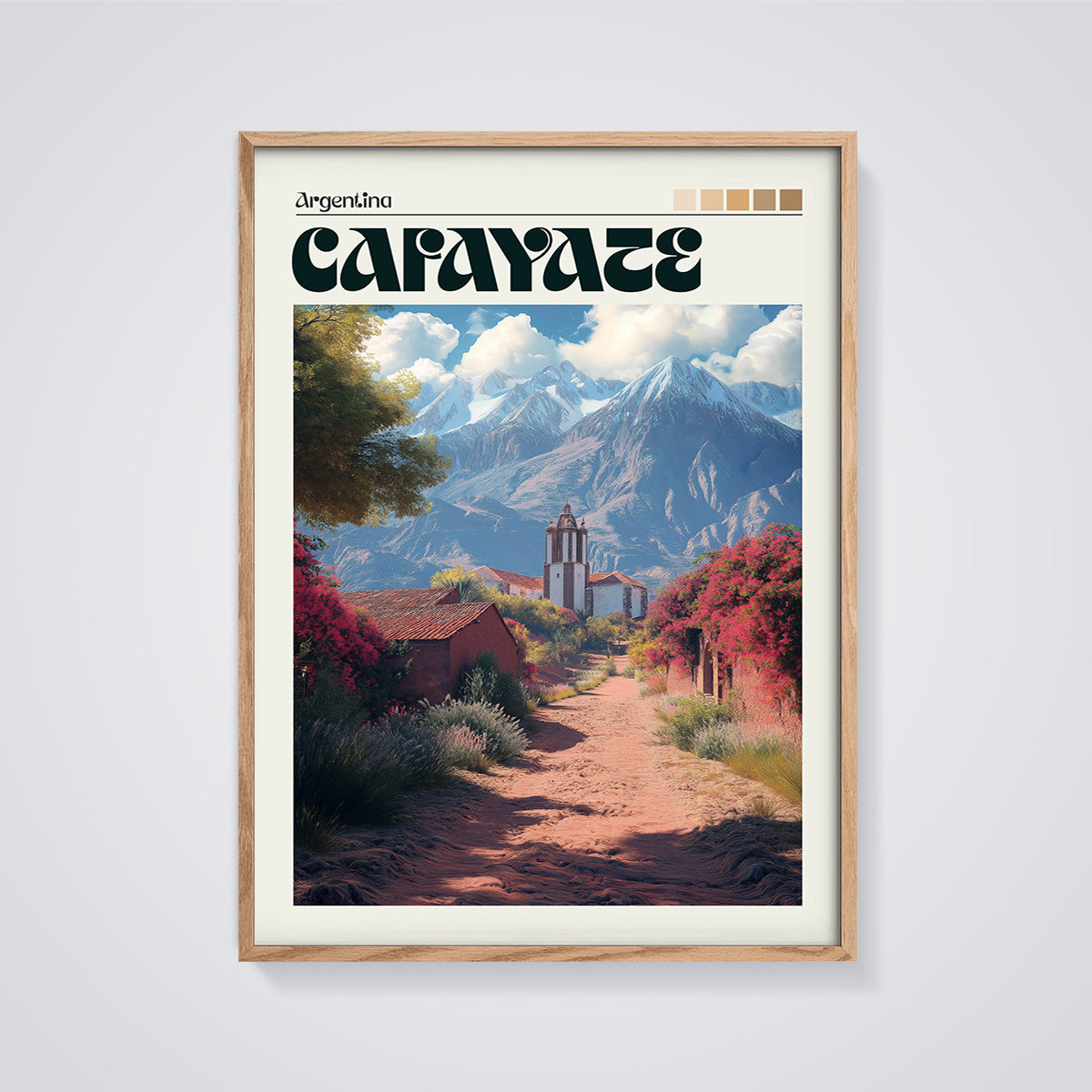 Carayate Mountain Village Print framed in oak on a grey background