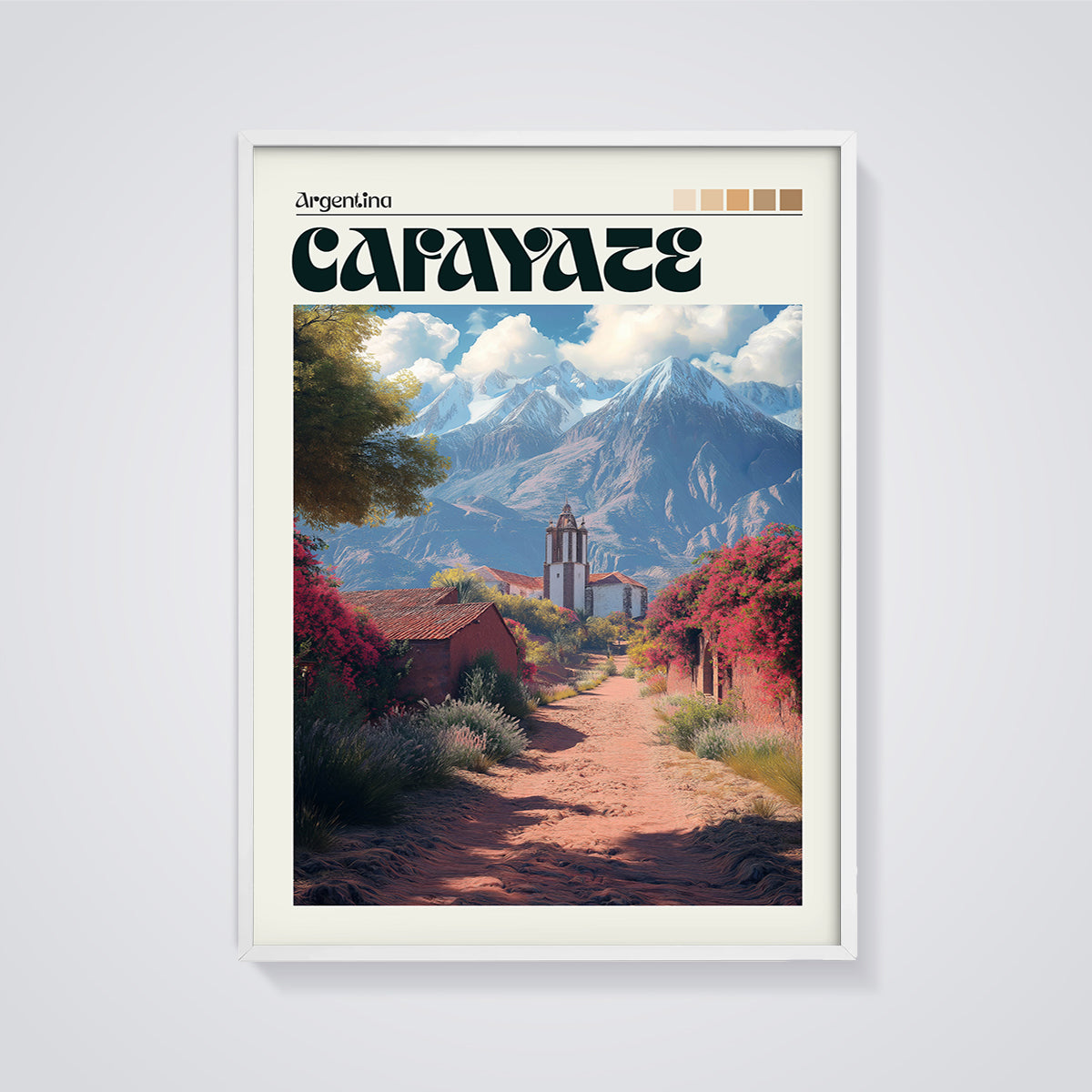 Carayate Mountain Village Print framed in white on a grey background