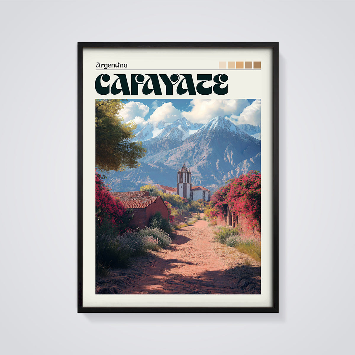 Carayate Mountain Village Print framed in black on a grey background