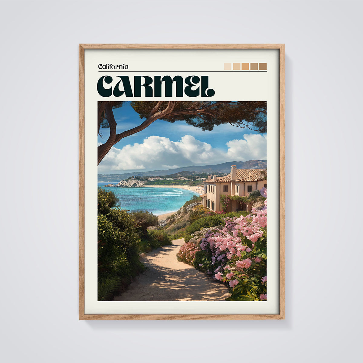 Carmel Beach Path Print framed in oak on a grey background
