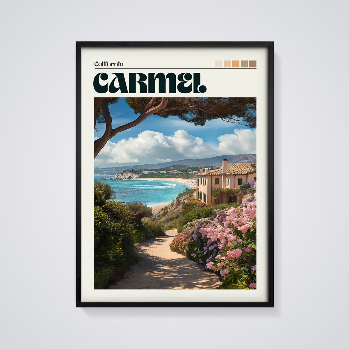Carmel Beach Path Print framed in black on a grey background
