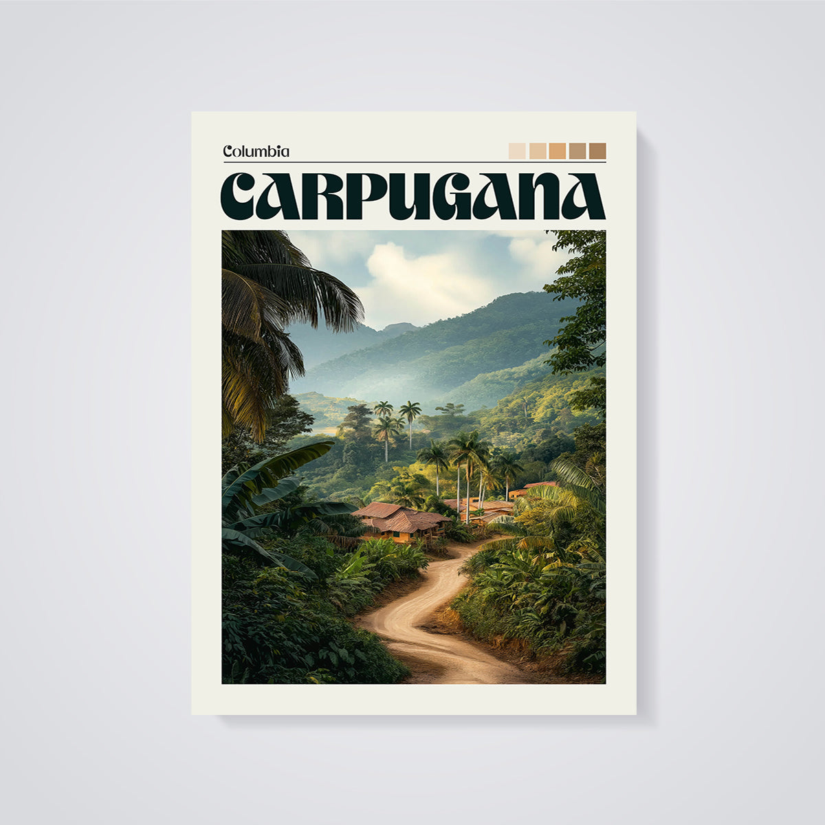 Carpugana Columbia Tropical Village Print unframed on a grey background