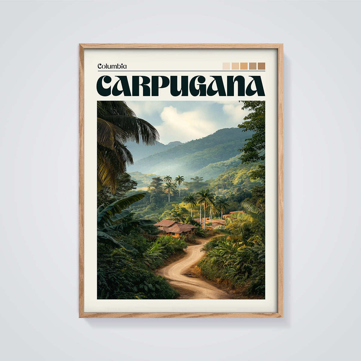 Carpugana Columbia Tropical Village Print framed in oak on a grey background