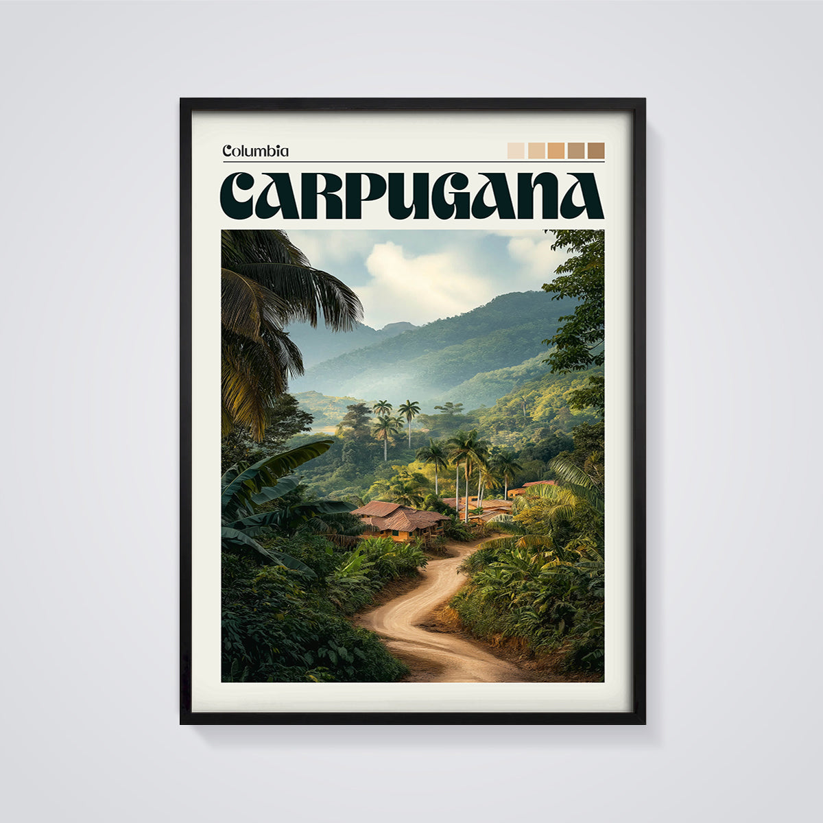 Carpugana Columbia Tropical Village Print framed in black on a grey background