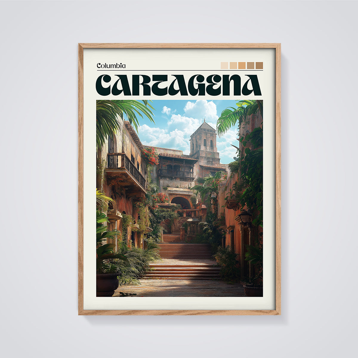 Cartagena Colonial Street Print framed in oak on a grey background