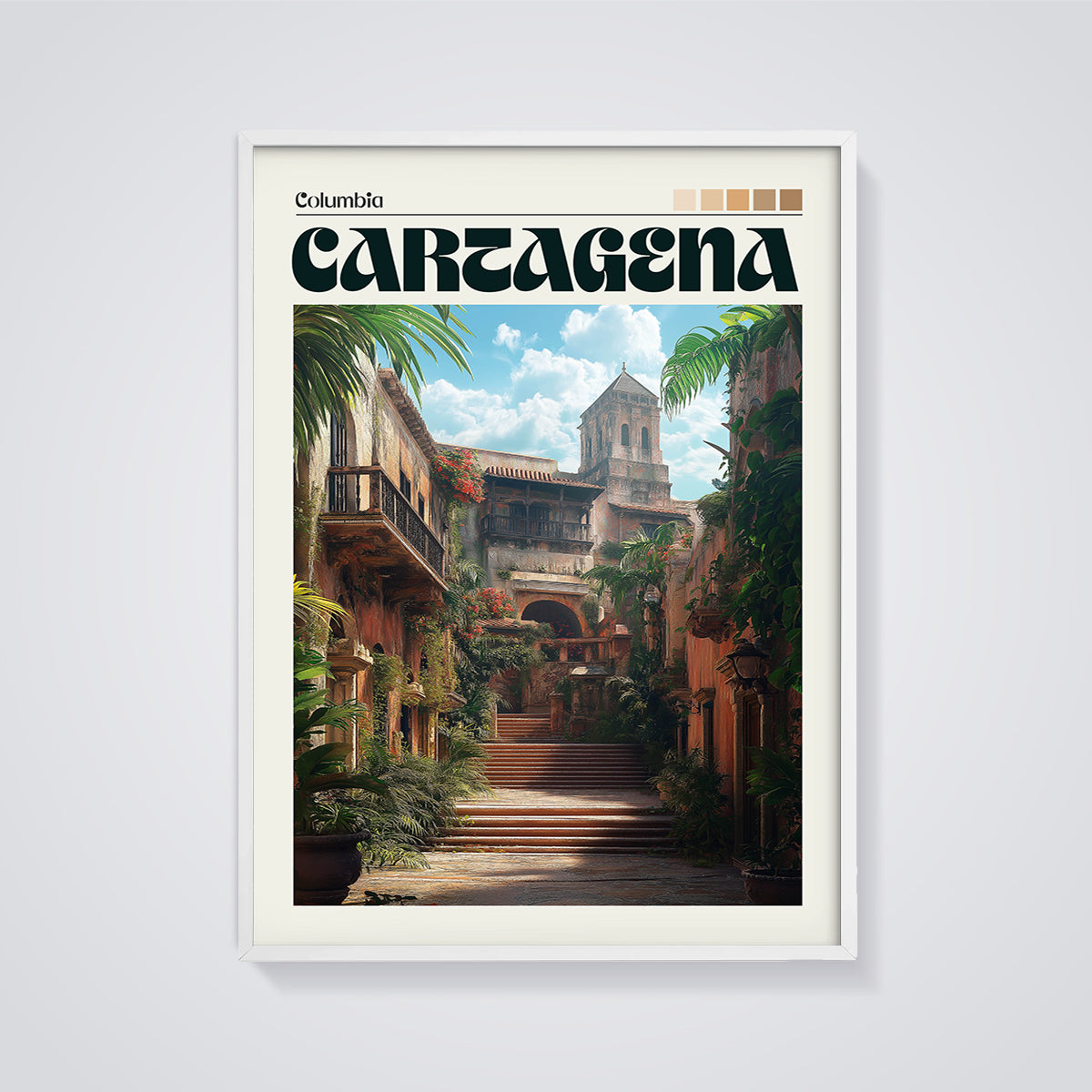 Cartagena Colonial Street Print framed in white on a grey background